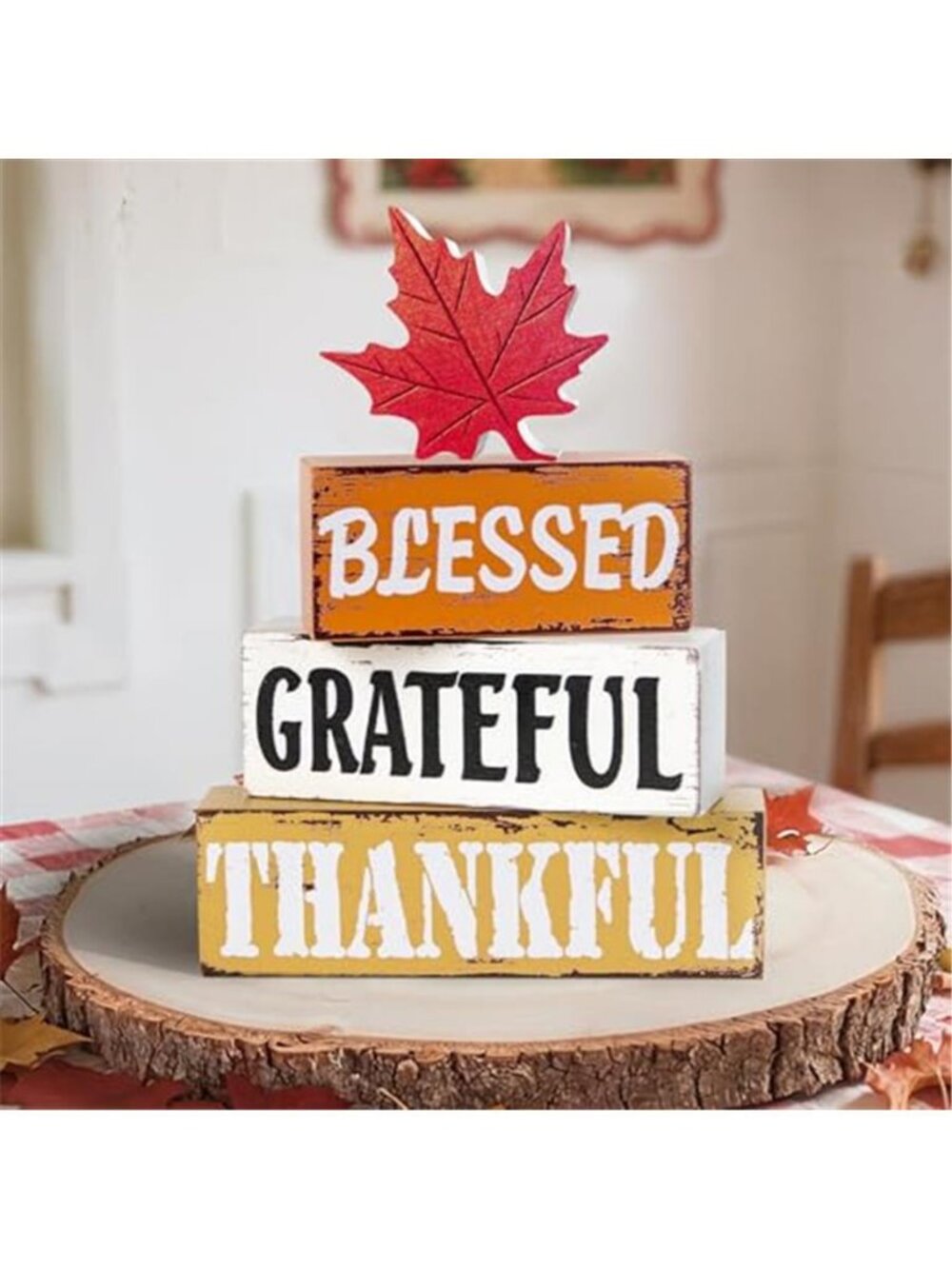 Thanksgiving Fall Decorations for Home, 4 PCS Wooden Fall Table Decor